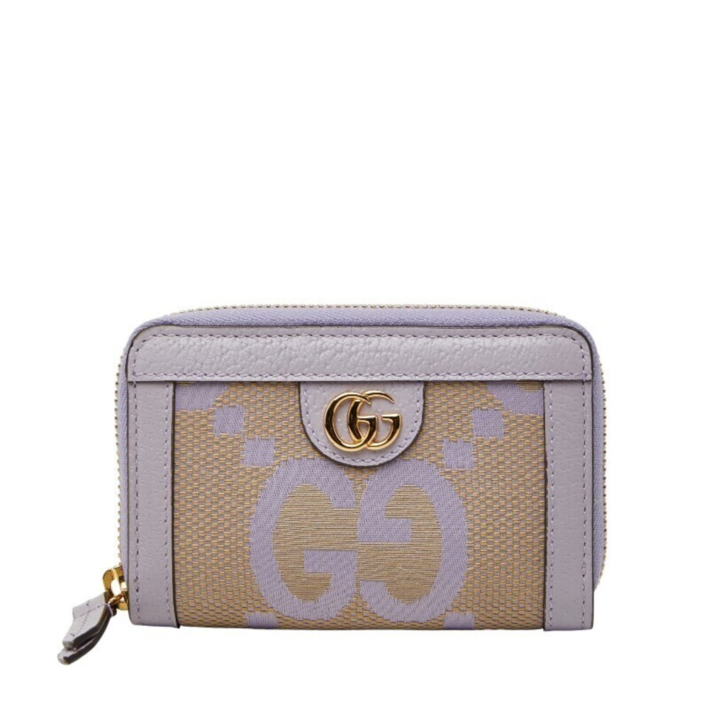 Gucci Jumbo GG Card Case Wallet Coin Purse Beige Cream Purple Canvas Leather